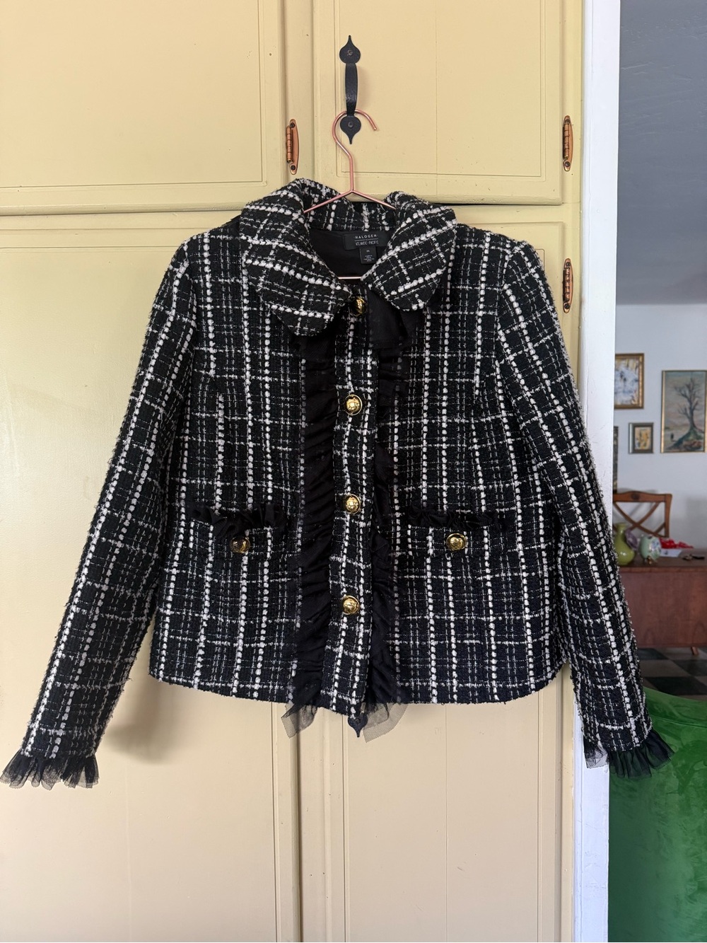 Halogen Black & White Tweed Blazer with Gold Buttons and Tulle trim